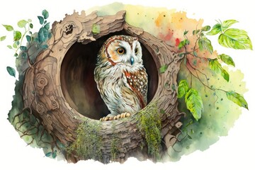 Poster - detailed watercolor painting depicting a lovely owl with spotted red feathers and green eyes perched