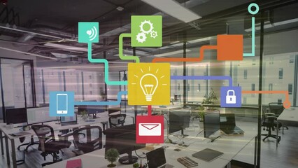 Poster - Animation of network of digital icons over light trails against empty office