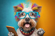 Shocked cute dog in glasses with open mouth looks at phone screen, concept of Surprise and Amazement in internet news, created with Generative AI technology