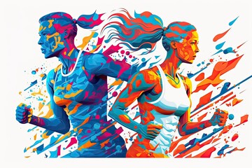 Poster - athletes on a brightly colored sports banner. separated male and female athletes. picture of a flat 