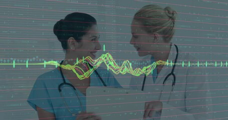 Poster - Animation of financial data processing over diverse female doctors