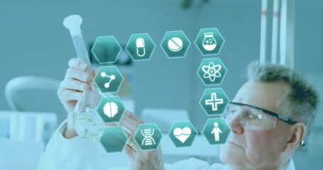 Poster - Animation of medical icons and data processing over caucasian male scientist