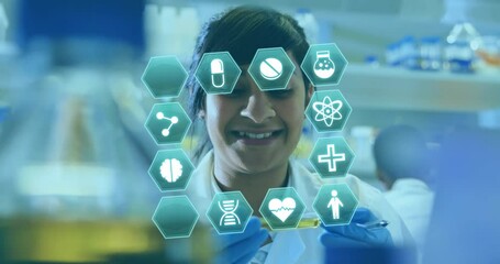 Poster - Animation of multiple medical icons against biracial female scientist working at laboratory