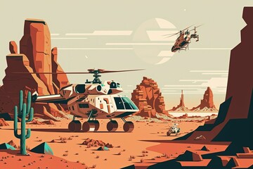 Wall Mural - Panorama of a Mars rover and a hovering helicopter. Mars landscape illustration in format. Generative AI