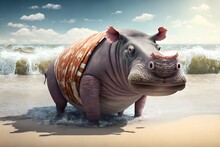 Hippopotamus In Summer Clothes On The Beach Background Made With Generative AI