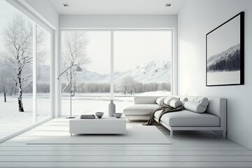 Sticker - An all white living room featuring a sofa on a wooden floor, wall art on a wide wall, and a white landscape beyond the window. Scandinavian design for the home. Generative AI