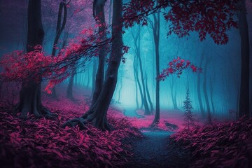 Wall Mural - Dreamlike pink misty woods. A foggy autumn forest is a dark place. Concealed forest where strange things happen. Nature is so stunning. Generative AI