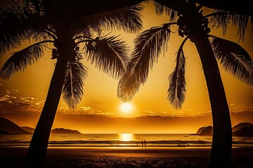 Canvas Print - At sunset, a tropical beach is framed by the silhouettes of palm trees, making it the perfect setting for a relaxing vacation. Flamingo Beach, located in Guanacaste, is one of Costa Rica's most popula