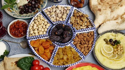 Wall Mural - The Ramadan Tradition of Breaking a Fast With Dates. Ramadan muslim multi generation family enjoying dinner at home