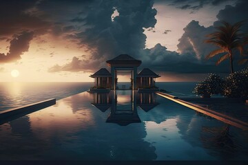 Canvas Print - Sunset at a five star resort with an infinity pool. Generative AI