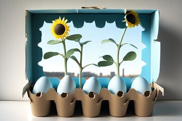 Poster - It's a lot of fun to grow your own sunflowers from seeds in a recycled egg carton on a sunny window sill. Generative AI