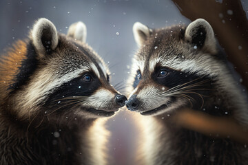 Wall Mural - Two little raccoons fell in love on a snowy day