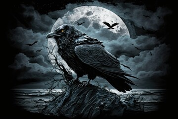 Canvas Print - A solitary raven sits in the moonlight, black as night. Tense, unsettling, and gothic ambiance. It's a cloudy night. Halloween. Generative AI