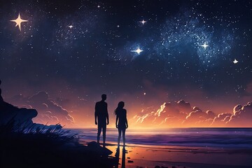 two partners staring at a night sky full of stars on the beach -illustration, landscape