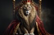 Royal lion wearing a gold crown and red cloak sitting on a golden and red throne. Golden shining king of beasts lion on a royal golden throne.AI generative illustration
