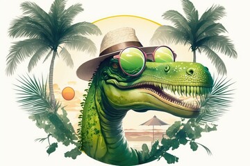 Canvas Print - Hipster dinosaur with sun hat and inflatable rings on a palm tree background. Generative AI