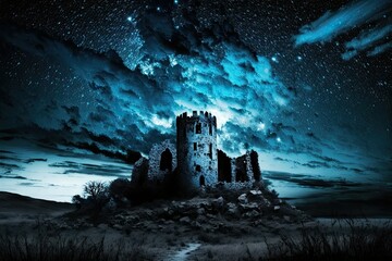 Canvas Print - Upsetting view of a fortress in the middle of the night under a threatening sky. Generative AI