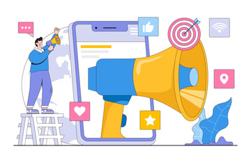 Poster - mobile marketing, digital commercial or advertisement in phone app concept. man shouting in megaphon