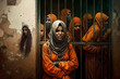 Brave iranian or muslim women behind bars in prison or detention, tortured and scared, for fighting for their human rights, screaming and yelling for justice for women in the arab and muslim world