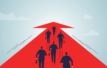 Forward momentum and pursuit, challenges growth and opportunities, business development and career progress, a group of businessmen running to follow the forward arrow