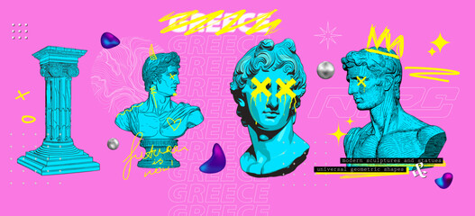Retrofuturistic Gallery Exhibits in vaporwave style, 80s 90s in art exhibition illustration. Exhibition, classics and antiquity with abstract shapes. Museum with modern Greek sculptures. Y2K. Vector