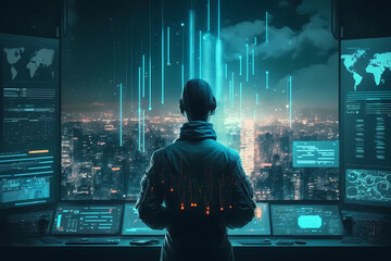 hooded hacker in modern technological monitoring control room with digital screens background. gener