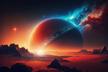 Wall Mural - Illustration of the Sun Rising Over the Martian Planet in a Red, Glowing, Starry Sky against a Background of Nebula Clouds. Generative AI