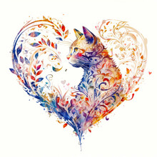 Watercolor Illustration Of A Flowery Vintage Heart And Cat Design, Made In Part With Generative AI
