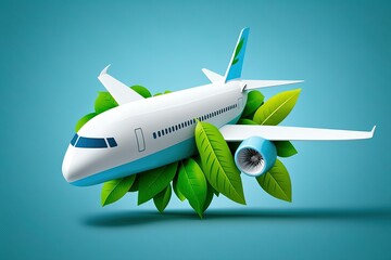 Poster - Biofuel for airplanes that won't hurt the environment. A miniature airplane in white, with a sprinkling of fresh green leaves against a blue sky. Biofuels for airplanes, renewable power sources, etc