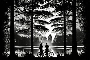 Wall Mural - In the park of haagse bos in The Hague, the Netherlands on June 5th, 2009, a couple rides their bikes while taking in the scenery of the pond. Generative AI