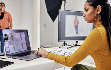 Aufkleber - Photography editing, creative process and woman working on web software for photo edit. Media, fashion photographer and photoshoot planning of a studio employee doing computer work for press