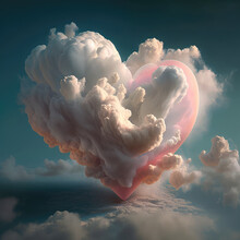 Beautiful Symbol Heart In The Clouds. Postcard For Valentines Day, Realistic 3d Clouds Abstract Background. Creative Sky Clouds Love Wallpaper. 3d Render Illustration. Generative AI Art.