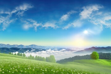 Poster - sunrise over an alpine meadow. Springtime scene in the countryside, with a foggy valley and woodland hiding in the background of a grassy hill. white clouds in a clear blue sky. The idea of natural fr