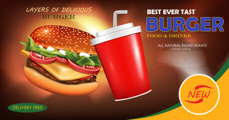 best ever tast burger. ad design template with drink cup.3D illustration template. layers of delicious burger.