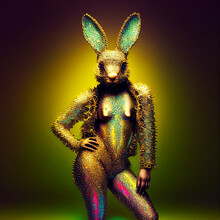 Realistic Lifelike Rabbit Hare Bunny Sexy In Disco Neon Glitter Bright Outfits, Commercial, Editorial Advertisement, Surreal Surrealism	

