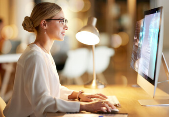 Poster - Digital, cyber and woman on a computer with a hologram for web design, software and programming. 3d website, database and employee working on holographic coding as a programmer on a pc at work