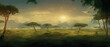 African savanna. Grass, acacia trees and river. Realistic vector landscape. African nature. Reserves and national parks. Banner vector illustration. Savanna landscape background