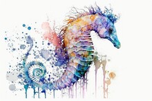 Seahorse In Watercolor Flowing Color Design Element On A White Background. Generative AI