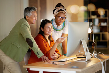 Poster - Collaboration, management and a business woman with her team, working on a computer in the office at night. Teamwork, diversity and coaching with a senior female manager training her staff at work