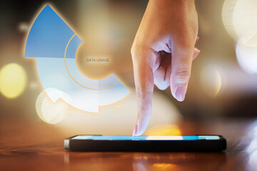 Poster - Graphic, data and hand typing on a phone for connection, internet and on app. Wifi, analysis and person with digital information on mobile usage with double exposure, social media and communication