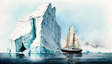 A Sailboat Next To A Massive Iceberg In Greenland Or Antarctica Watercolor Illustration Created With Generative AI Artificial Intelligence Technology