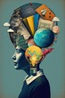 Knowledge and ideas in the human head - Illustration, education collage, GENERATIVE AI