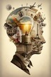 Brainstorm whit new creative ideas, art collage illustration, eureka, idea,  bulb, GENERATIVE AI