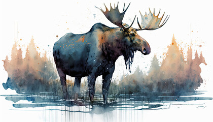 Wall Mural - Moose Watercolor Vibrant Art for postcard or poster in  forest wild scenery. An illustration created with Generative AI artificial intelligence technology