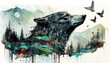Beautiful Alaskan Wolf portrait in Watercolor illustration created with Generative AI artificial intelligence technology