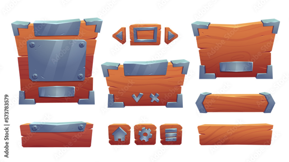 Cartoon set of wood and iron game ui boards. Vector illustration of ...