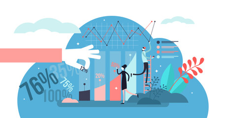 Wall Mural - Data processing illustration, transparent background. Flat tiny information work person concept. Creative visualization with business diagram and charts readings.