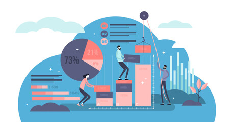 Wall Mural - Data processing illustration, transparent background. Flat tiny information work persons concept. Creative visualization with percentage reading job.