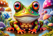 Cute Frog In A Pond In Vibrant Colours, Wonderland, Fantasy, Cartoon, Childrens' Art.  Generative AI.