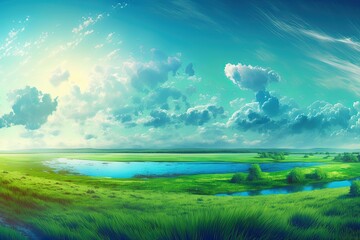 long sweeping panorama of overcast blue sky, green grassland, and green forest. sunlit utopia. gener